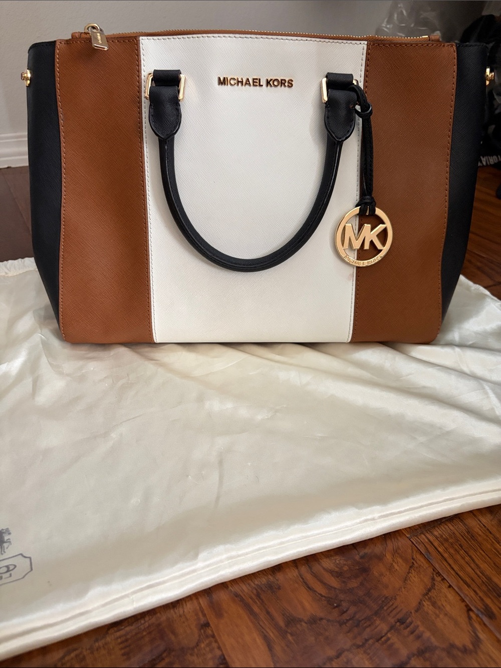 Michael Kors Colorblock Saffiano Leather Tote in Brown, White & Black